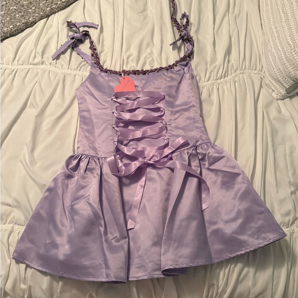 NWT Dolls Kill Sugar Thrillz Lace Up Mini Dress Light Purple Rapunzel Costume - Picture 2 of 3